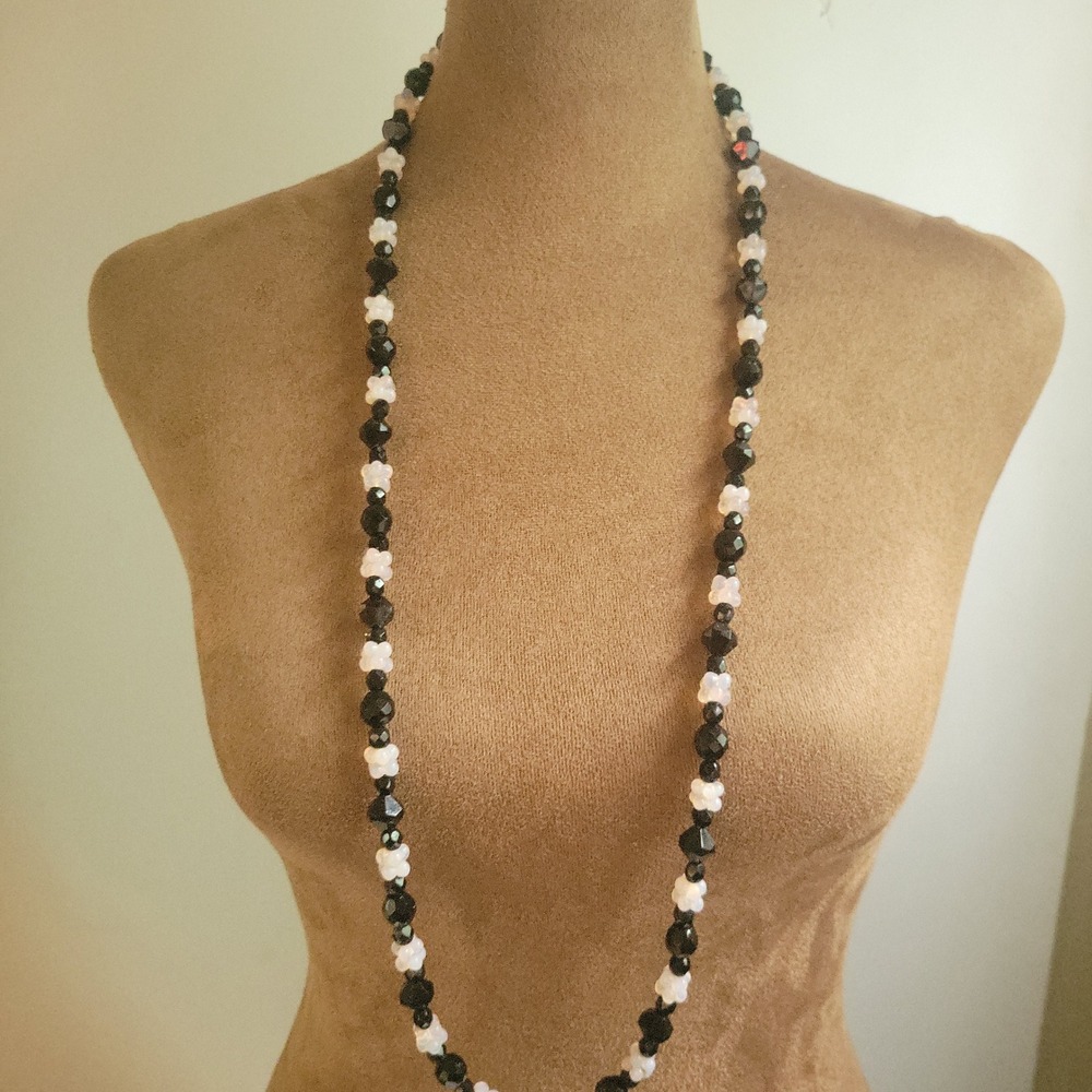 Vintage Black and Opaline Beaded Flower Long Necklace 34 Inch Whimsigoth